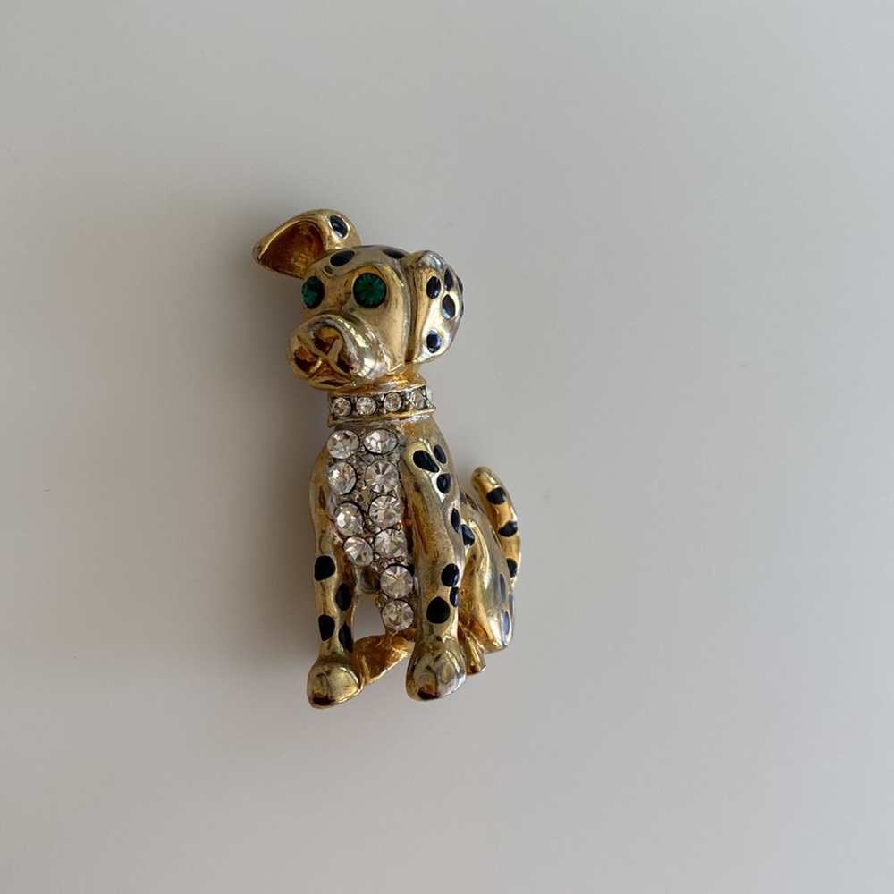 Dog Pin Gold Tone Crystal Rhinestones & Black Enamel Spots, Spotted Dog Brooch - Picture 8 of 11